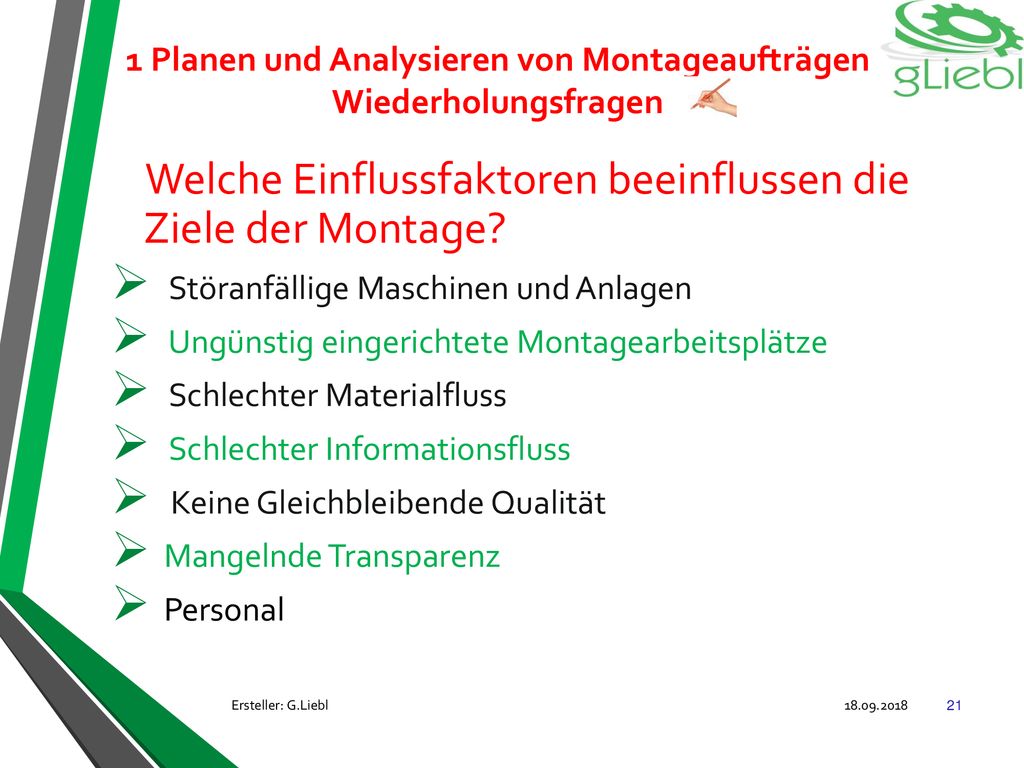 1 Planen und Analysieren von Montageaufträgen Wiederholungsfragen
