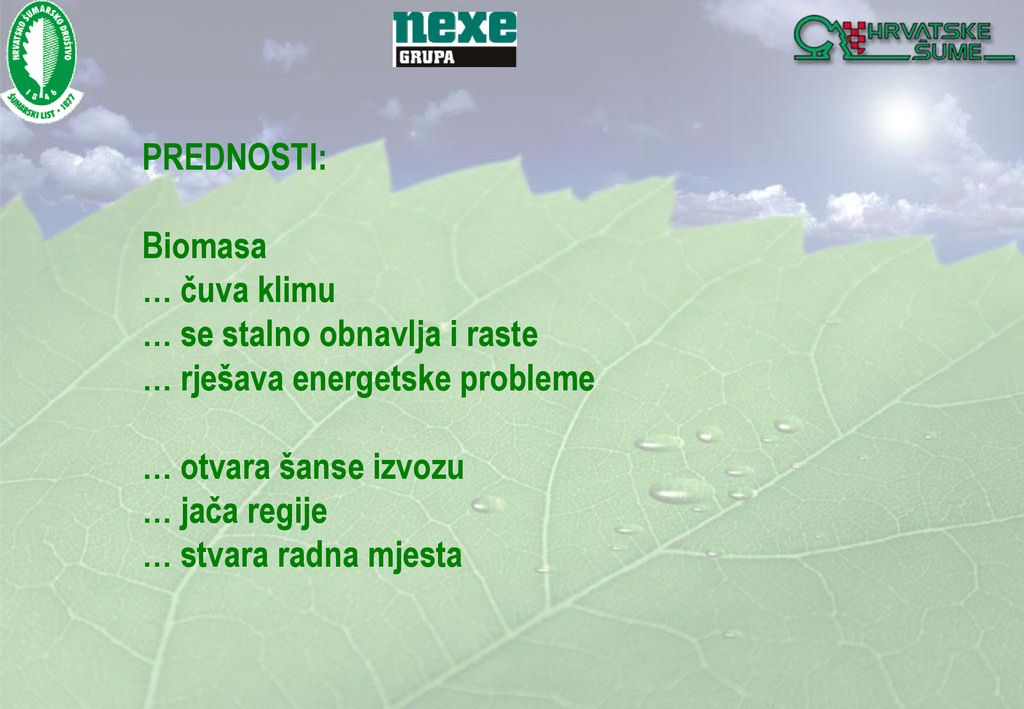 PREDNOSTI: Biomasa. … čuva klimu. … se stalno obnavlja i raste. … rješava energetske probleme. … otvara šanse izvozu.
