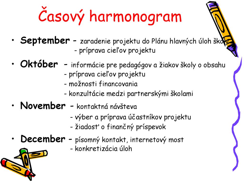 Časový harmonogram September - zaradenie projektu do Plánu hlavných úloh školy - príprava cieľov projektu.