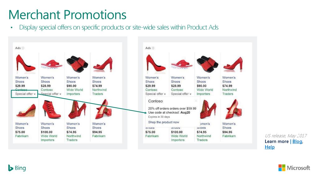 Merchant Promotions Display special offers on specific products or site-wide sales within Product Ads.
