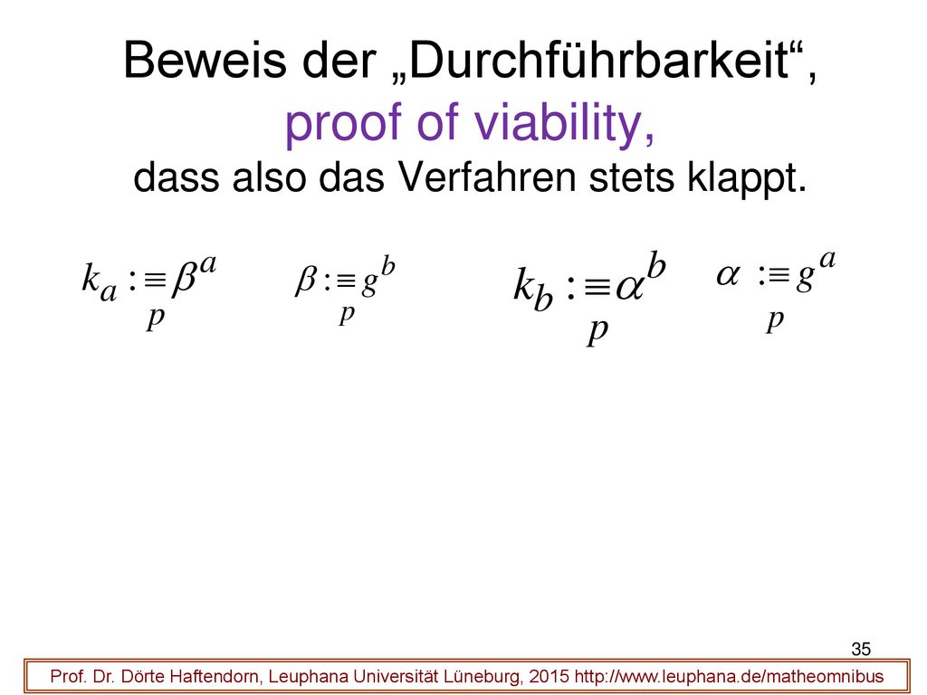 Beweis der „Durchführbarkeit , proof of viability, dass also das Verfahren stets klappt.