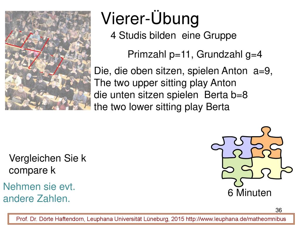 Vierer-Übung 4 Studis bilden eine Gruppe Primzahl p=11, Grundzahl g=4