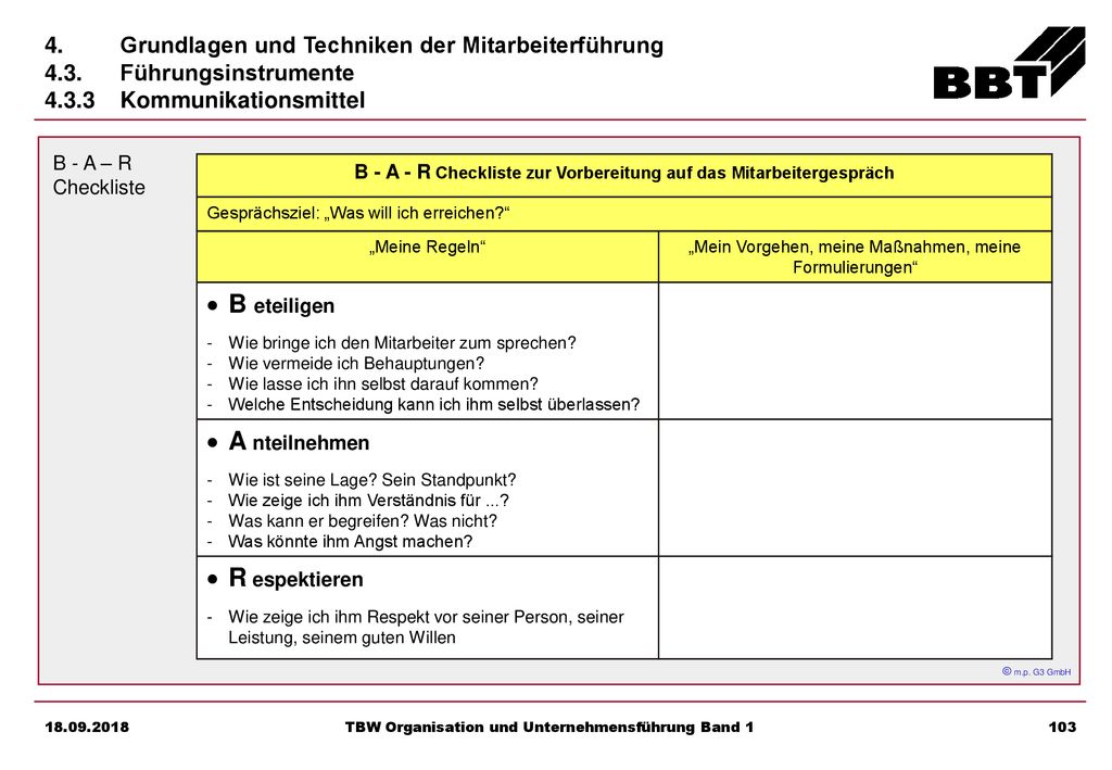 B - A - R Checkliste zur Vorbereitung auf das Mitarbeitergespräch