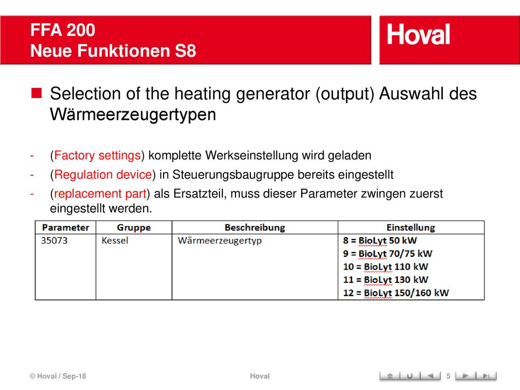 FFA 200 Neue Funktionen S8 Selection of the heating generator (output) Auswahl des Wärmeerzeugertypen.