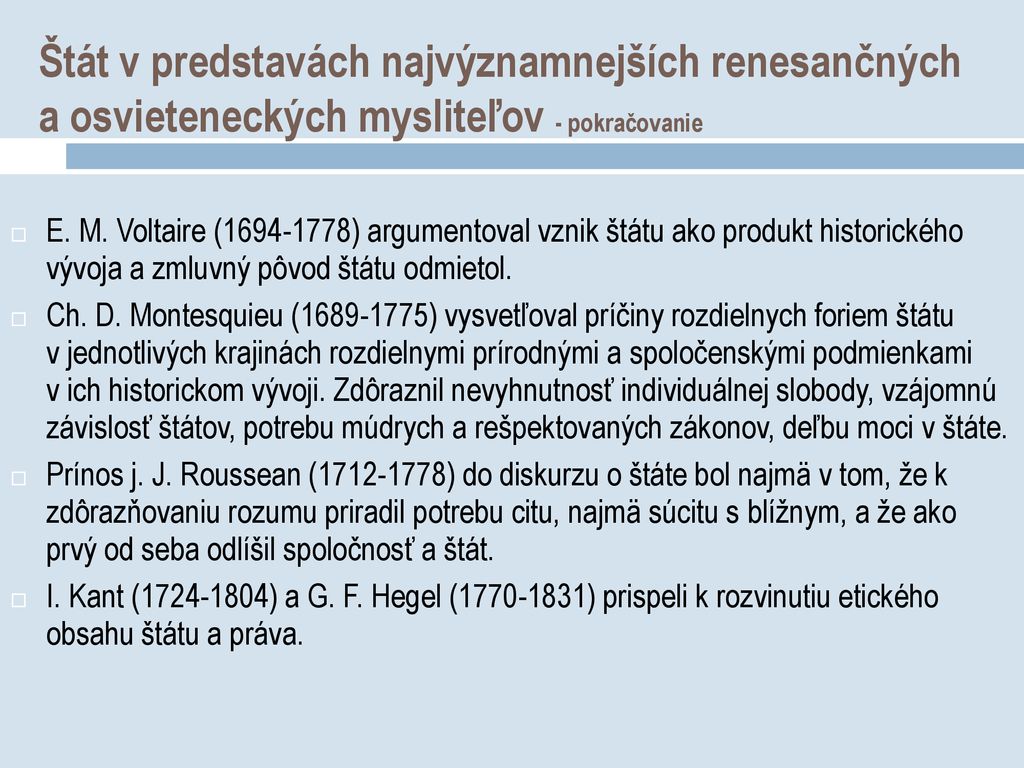 Štát v predstavách najvýznamnejších renesančných a osvieteneckých mysliteľov - pokračovanie