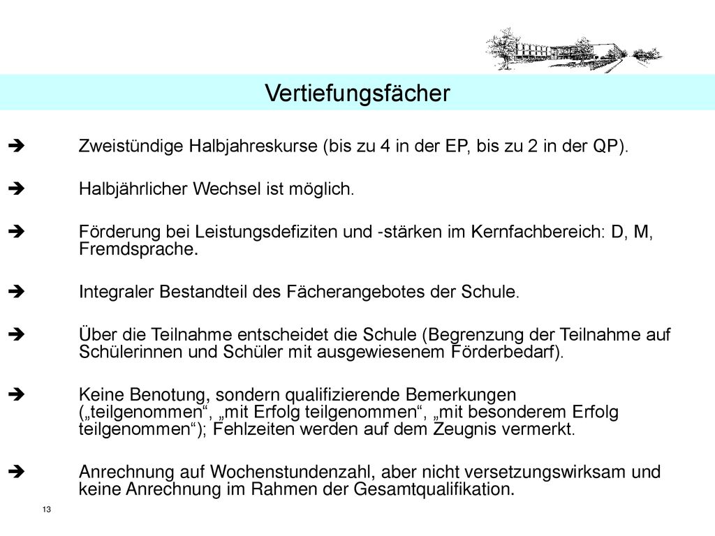 Vertiefungsfächer  Zweistündige Halbjahreskurse (bis zu 4 in der EP, bis zu 2 in der QP). Halbjährlicher Wechsel ist möglich.