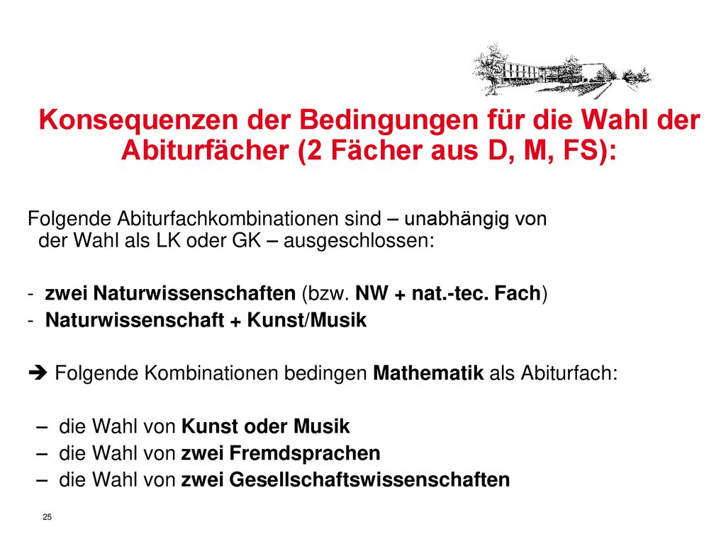 Konsequenzen der Bedingungen für die Wahl der Abiturfächer (2 Fächer aus D, M, FS):