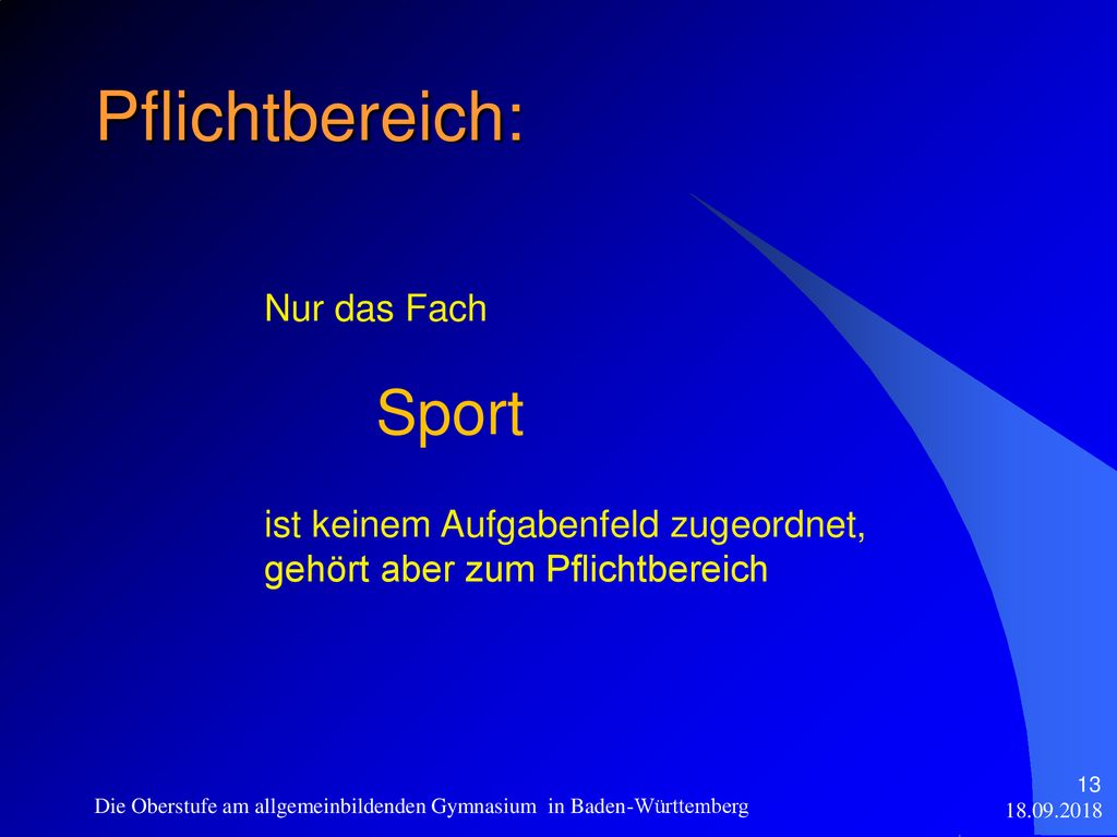 Pflichtbereich: Sport Nur das Fach ist keinem Aufgabenfeld zugeordnet,