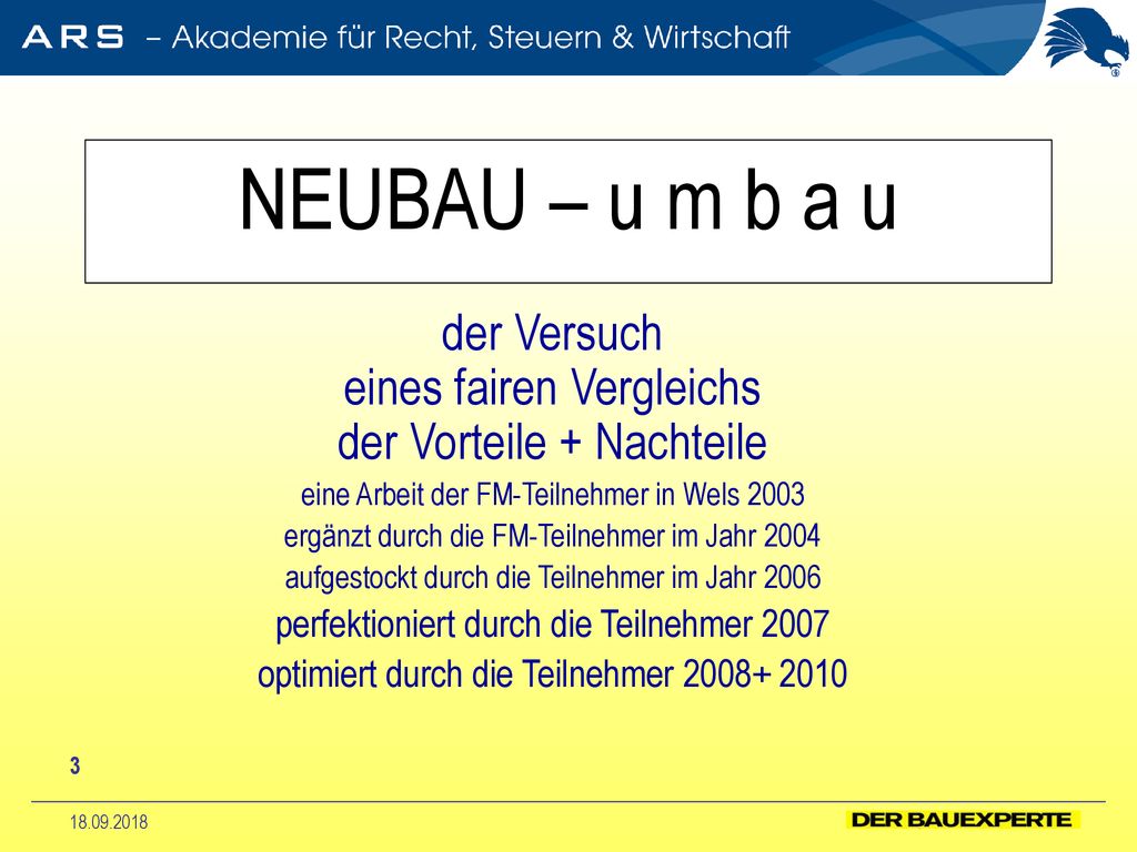 NEUBAU – u m b a u der Versuch eines fairen Vergleichs der Vorteile + Nachteile. eine Arbeit der FM-Teilnehmer in Wels