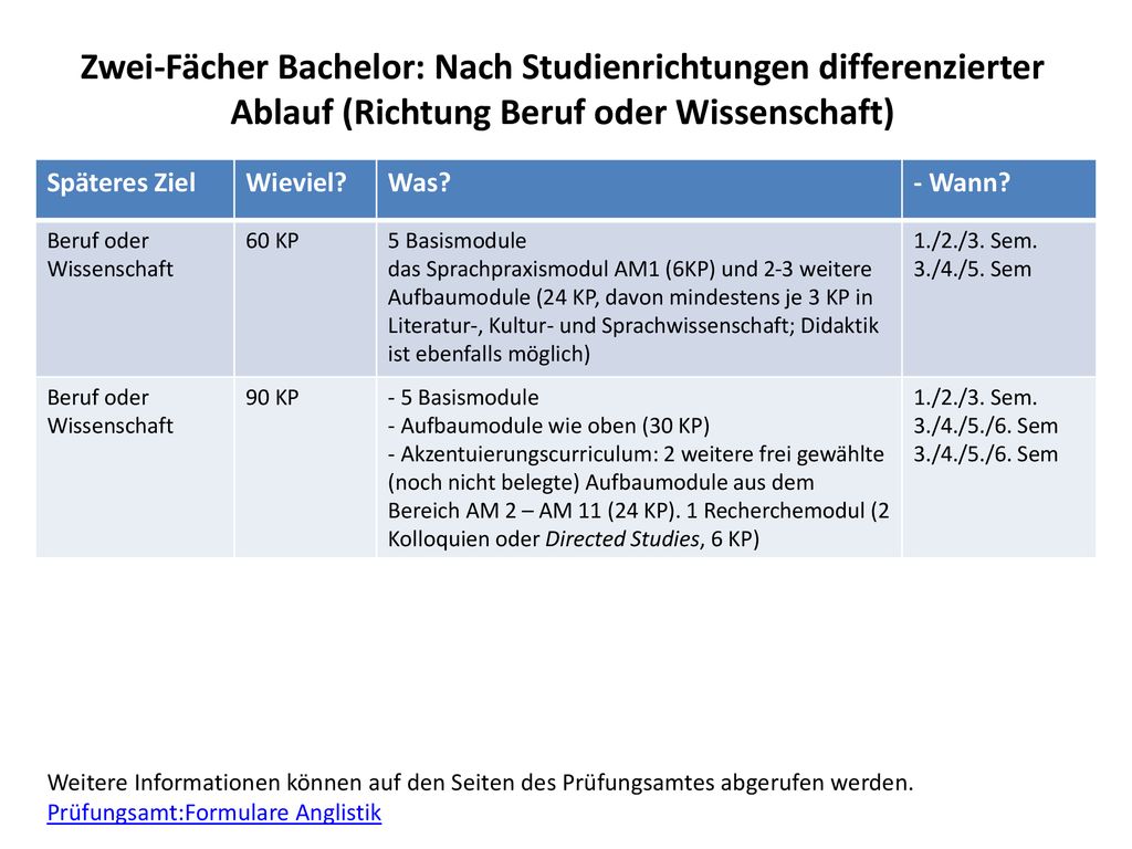 Zwei-Fächer Bachelor: Nach Studienrichtungen differenzierter Ablauf (Richtung Beruf oder Wissenschaft)