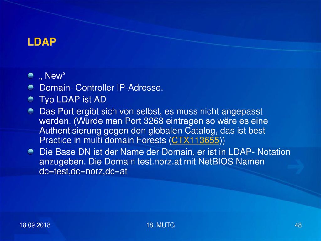 LDAP „ New Domain- Controller IP-Adresse. Typ LDAP ist AD