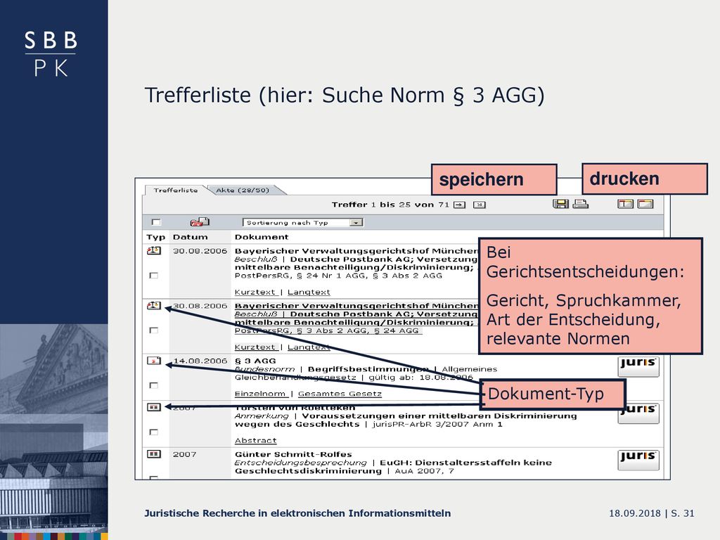 Trefferliste (hier: Suche Norm § 3 AGG)