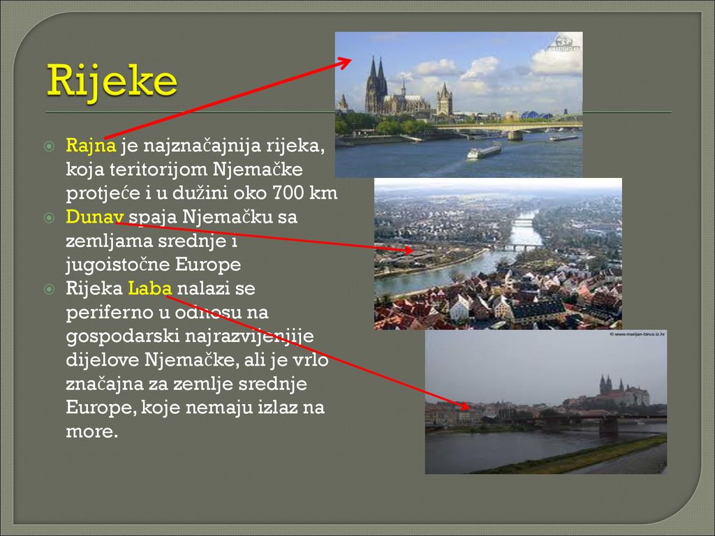 Rijeke Rajna je najznačajnija rijeka, koja teritorijom Njemačke protjeće i u dužini oko 700 km.