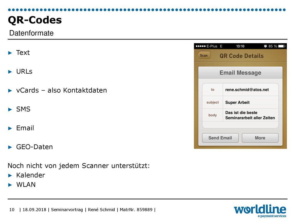 QR-Codes Datenformate Text URLs vCards – also Kontaktdaten SMS
