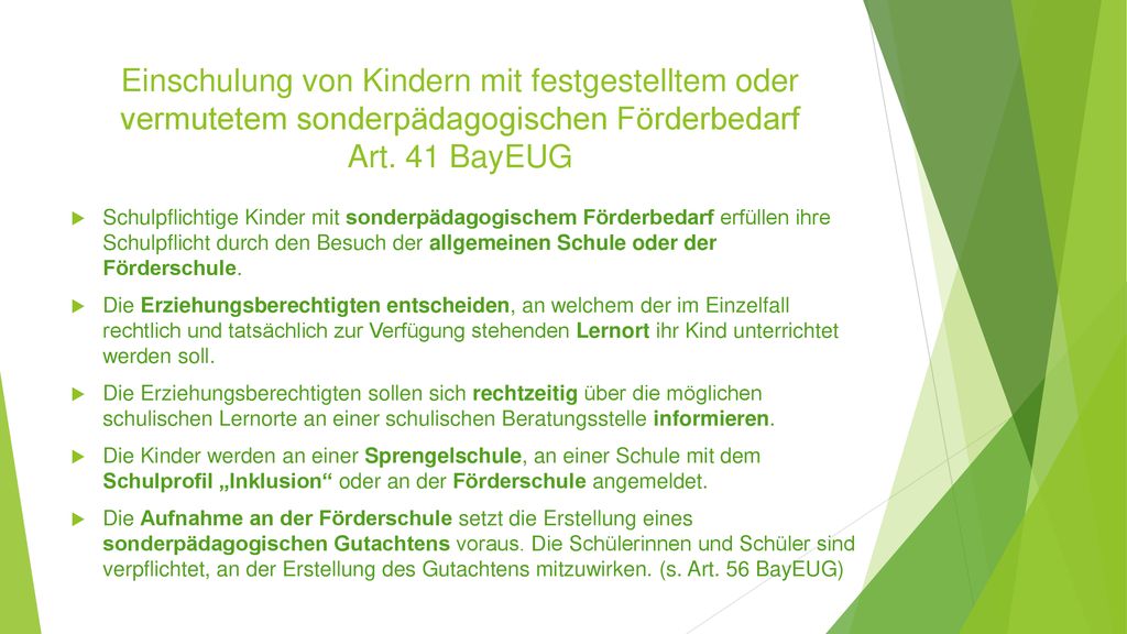 Einschulung von Kindern mit festgestelltem oder vermutetem sonderpädagogischen Förderbedarf Art. 41 BayEUG