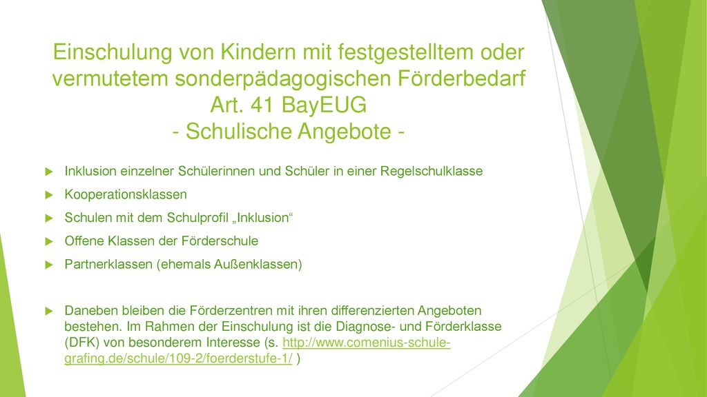 Einschulung von Kindern mit festgestelltem oder vermutetem sonderpädagogischen Förderbedarf Art. 41 BayEUG - Schulische Angebote -