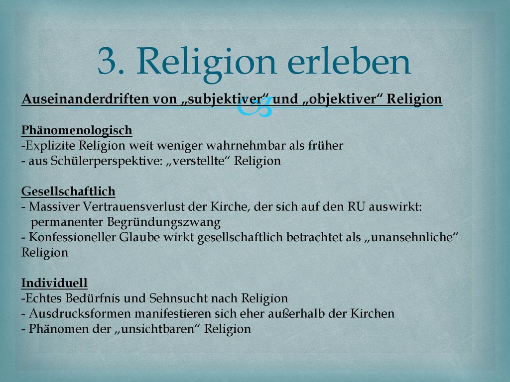 3. Religion erleben Auseinanderdriften von „subjektiver und „objektiver Religion. Phänomenologisch.