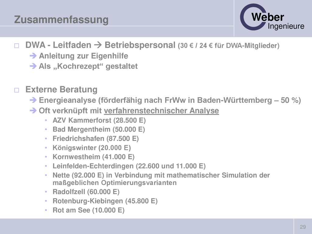 Zusammenfassung DWA - Leitfaden  Betriebspersonal (30 € / 24 € für DWA-Mitglieder) Anleitung zur Eigenhilfe.