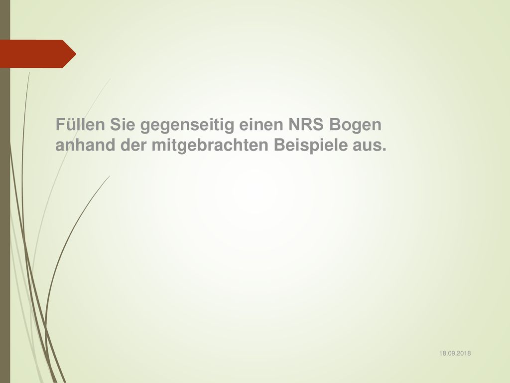 Füllen Sie gegenseitig einen NRS Bogen anhand der mitgebrachten Beispiele aus.