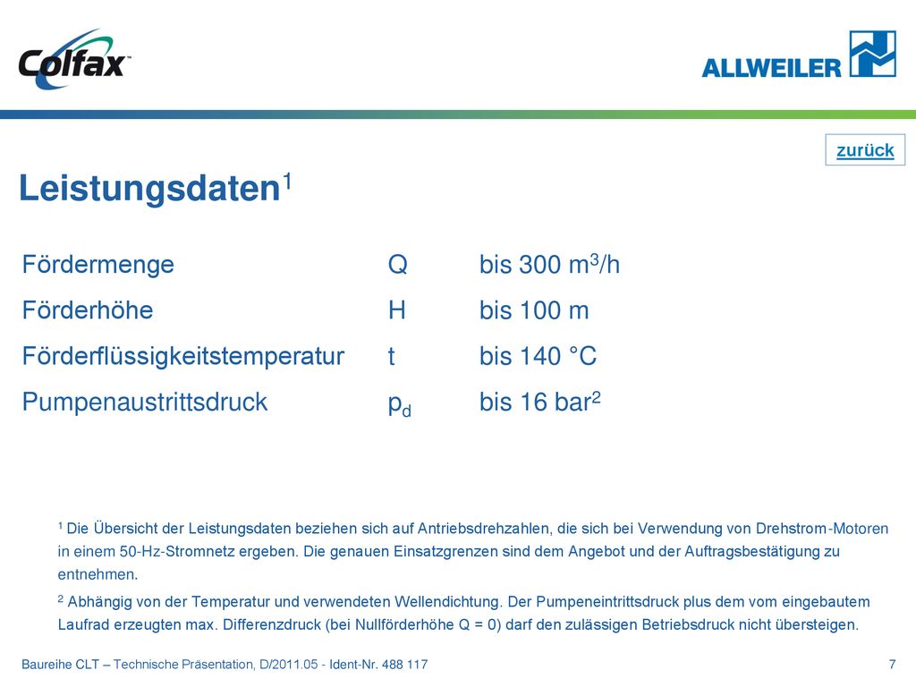 Leistungsdaten1 Fördermenge Q bis 300 m3/h Förderhöhe H bis 100 m