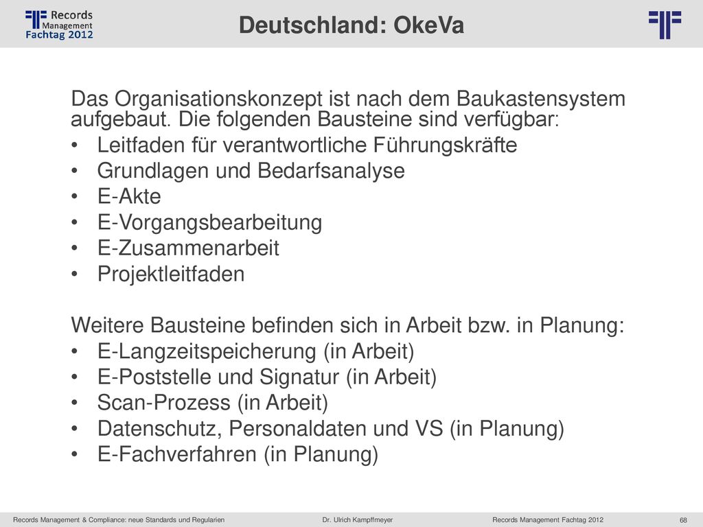 Deutschland: OkeVa Das Organisationskonzept ist nach dem Baukastensystem aufgebaut. Die folgenden Bausteine sind verfügbar: