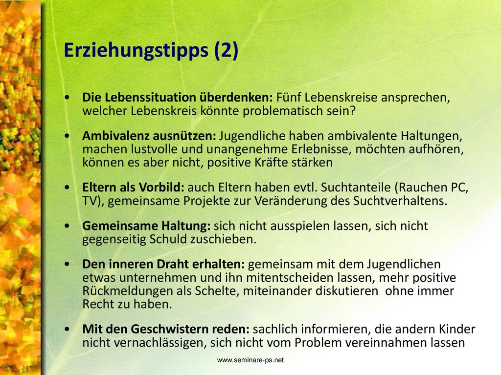 Erziehungstipps (2) Die Lebenssituation überdenken: Fünf Lebenskreise ansprechen, welcher Lebenskreis könnte problematisch sein