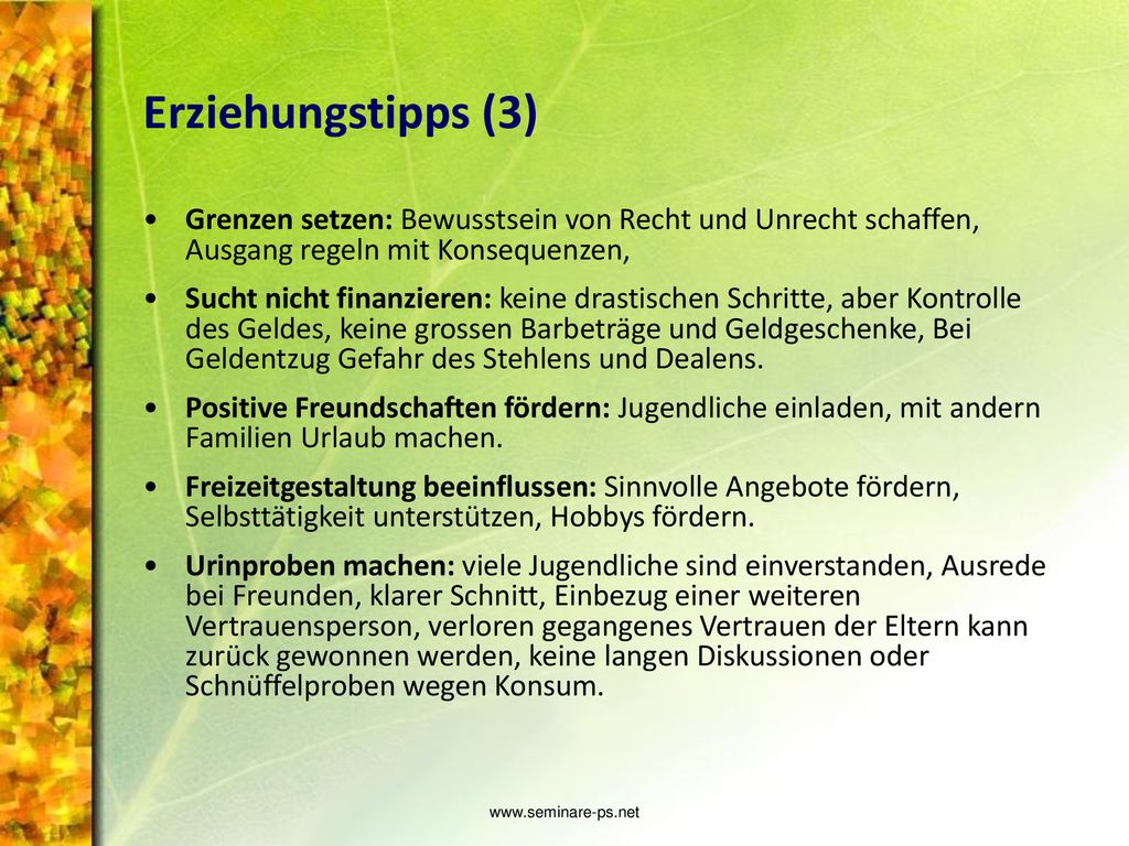Erziehungstipps (3) Grenzen setzen: Bewusstsein von Recht und Unrecht schaffen, Ausgang regeln mit Konsequenzen,