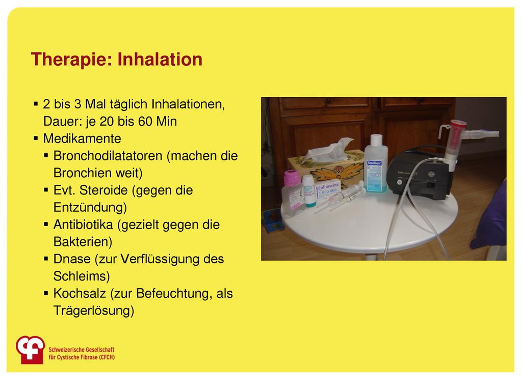 Therapie: Inhalation 2 bis 3 Mal täglich Inhalationen, Dauer: je 20 bis 60 Min. Medikamente. Bronchodilatatoren (machen die Bronchien weit)