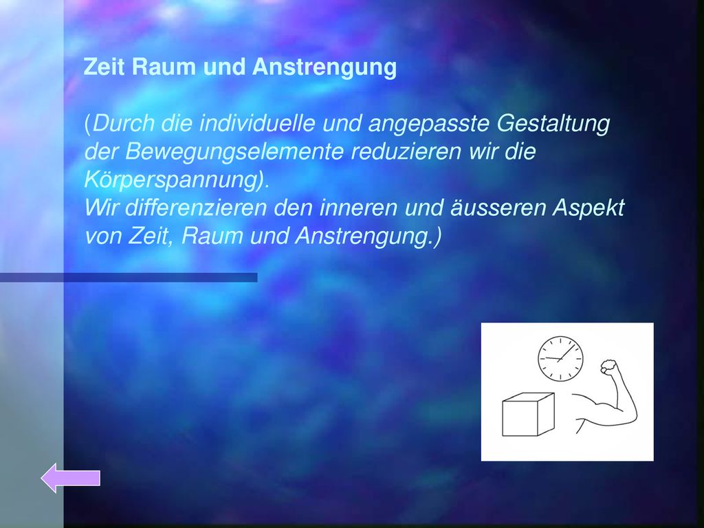 Zeit Raum und Anstrengung (Durch die individuelle und angepasste Gestaltung der Bewegungselemente reduzieren wir die Körperspannung).