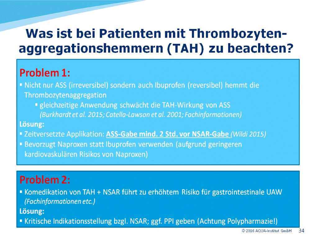 NICE 2016 (non-steroidal anti-inflammatory drugs): „The June 2015 edition of Drug Safety Update also discussed the possible interaction between ibuprofen and low dose aspirin, noting that occasional ibuprofen use is unlikely to have a clinically meaningful effect on the benefits of low-dose aspirin. However, the possibility that long-term, daily use of ibuprofen might reduce the cardioprotective effects of low-dose aspirin cannot be excluded.