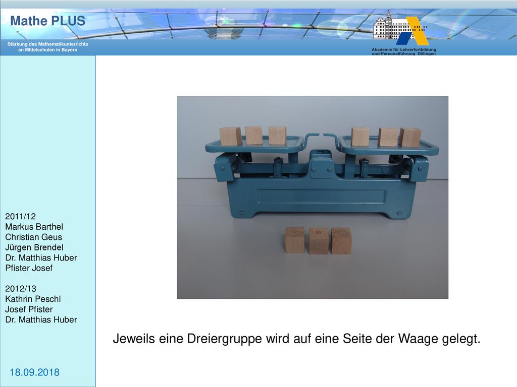 Jeweils eine Dreiergruppe wird auf eine Seite der Waage gelegt.