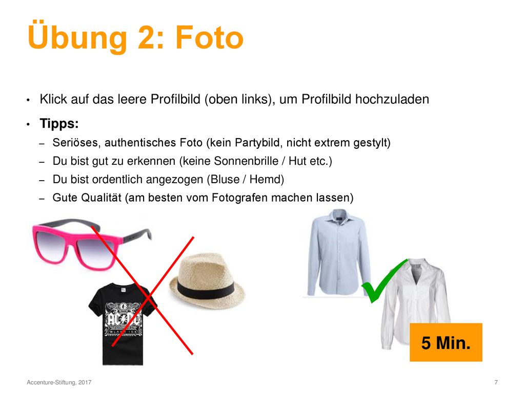 Übung 2: Foto Klick auf das leere Profilbild (oben links), um Profilbild hochzuladen. Tipps: