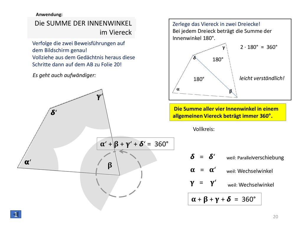 Die SUMME DER INNENWINKEL im Viereck Die WINKELSUMME im Viereck