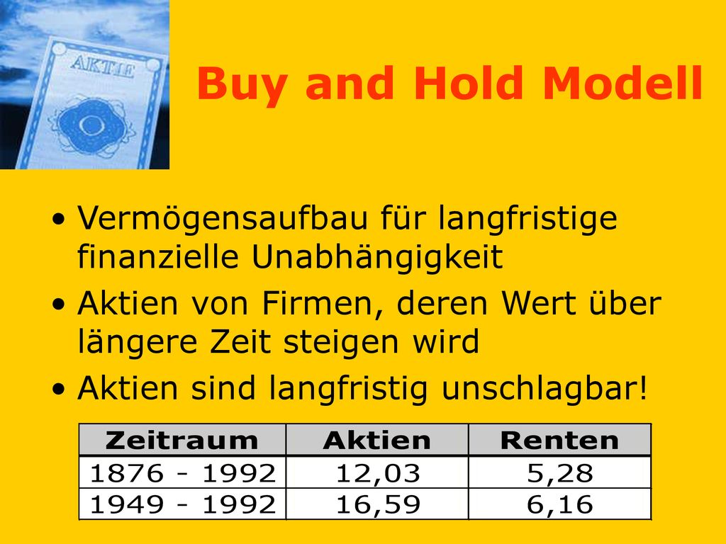 Buy and Hold Modell Vermögensaufbau für langfristige finanzielle Unabhängigkeit. Aktien von Firmen, deren Wert über längere Zeit steigen wird.