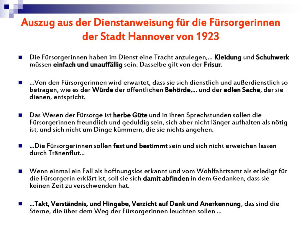 Auszug aus der Dienstanweisung für die Fürsorgerinnen der Stadt Hannover von 1923