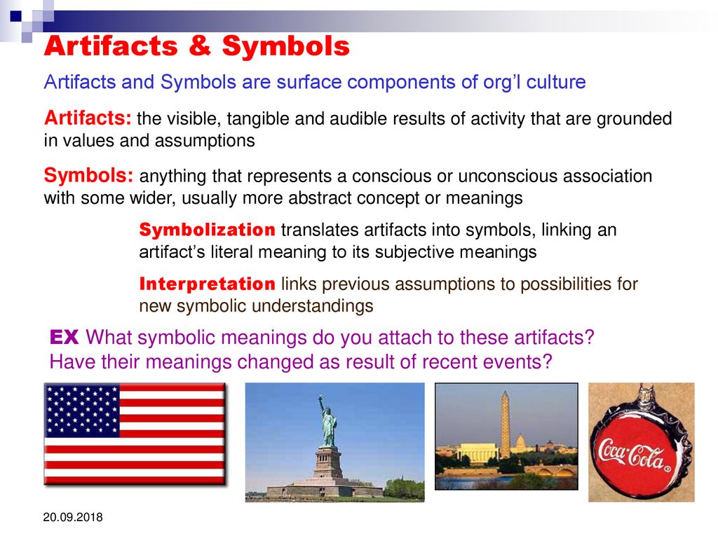 Artifacts & Symbols Artifacts and Symbols are surface components of org’l culture.