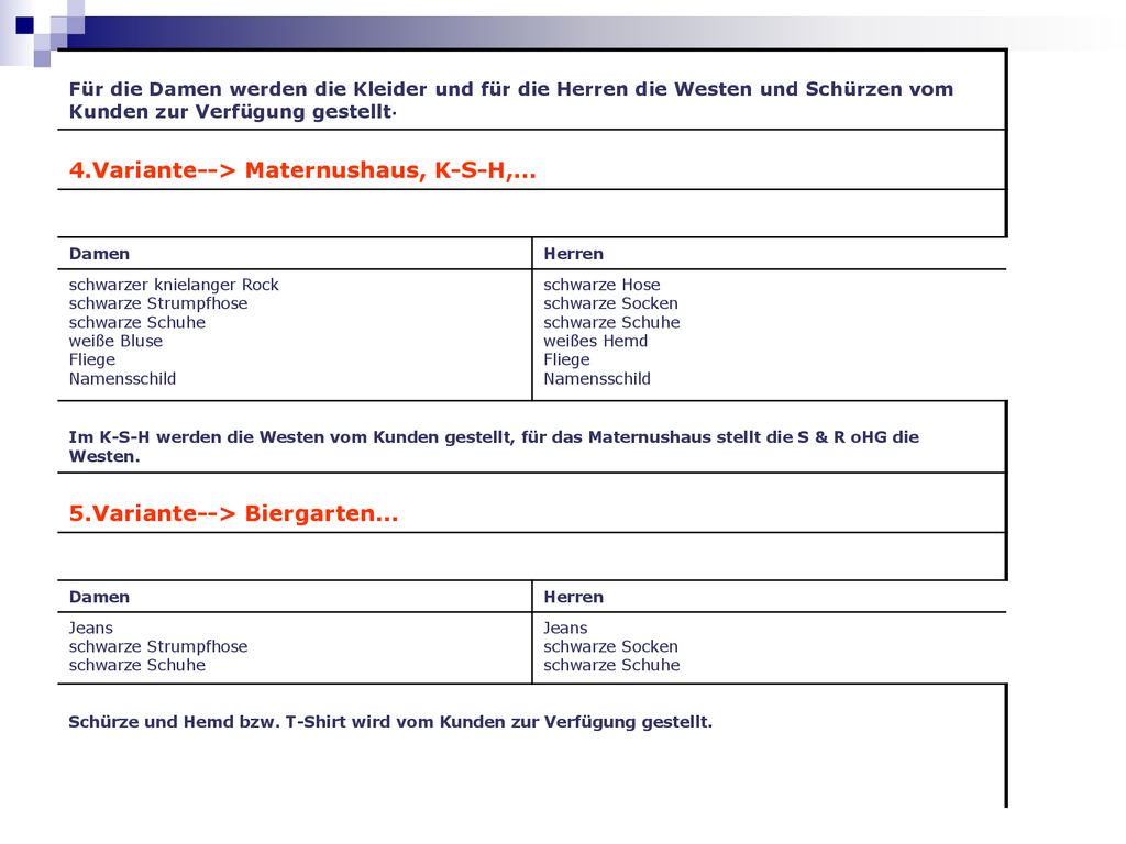 Für die Damen werden die Kleider und für die Herren die Westen und Schürzen vom Kunden zur Verfügung gestellt.