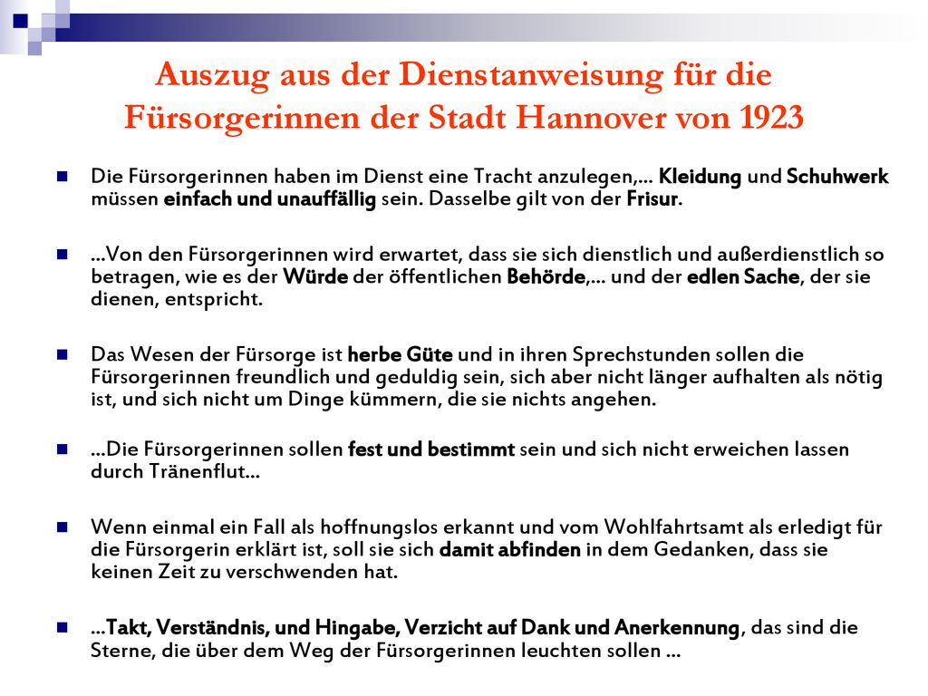 Auszug aus der Dienstanweisung für die Fürsorgerinnen der Stadt Hannover von 1923
