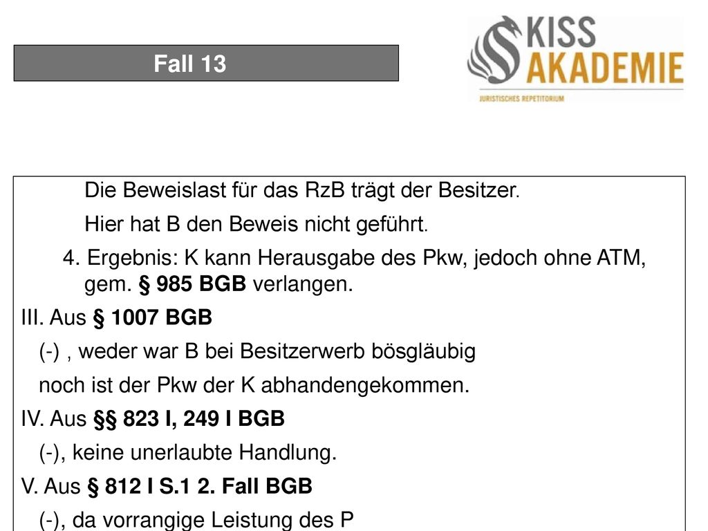 Fall 13 Die Beweislast für das RzB trägt der Besitzer.