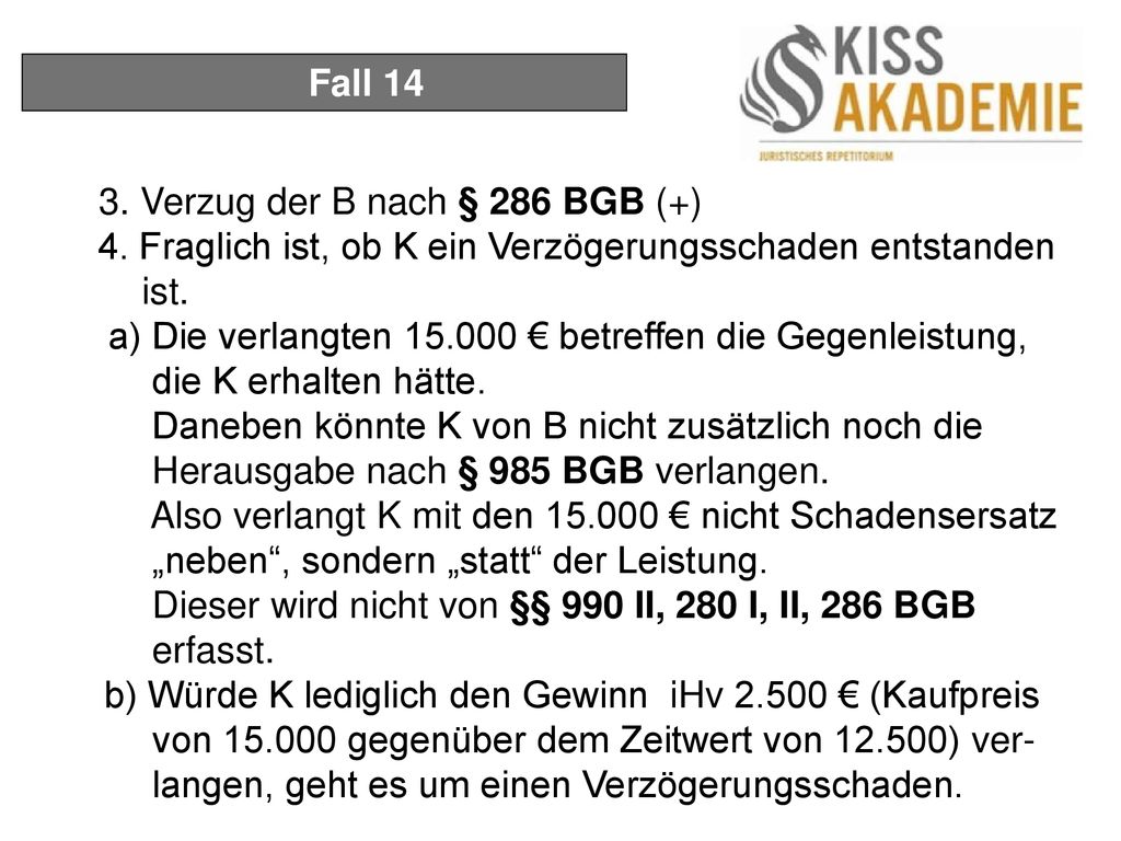 Fall Verzug der B nach § 286 BGB (+) 4. Fraglich ist, ob K ein Verzögerungsschaden entstanden ist.