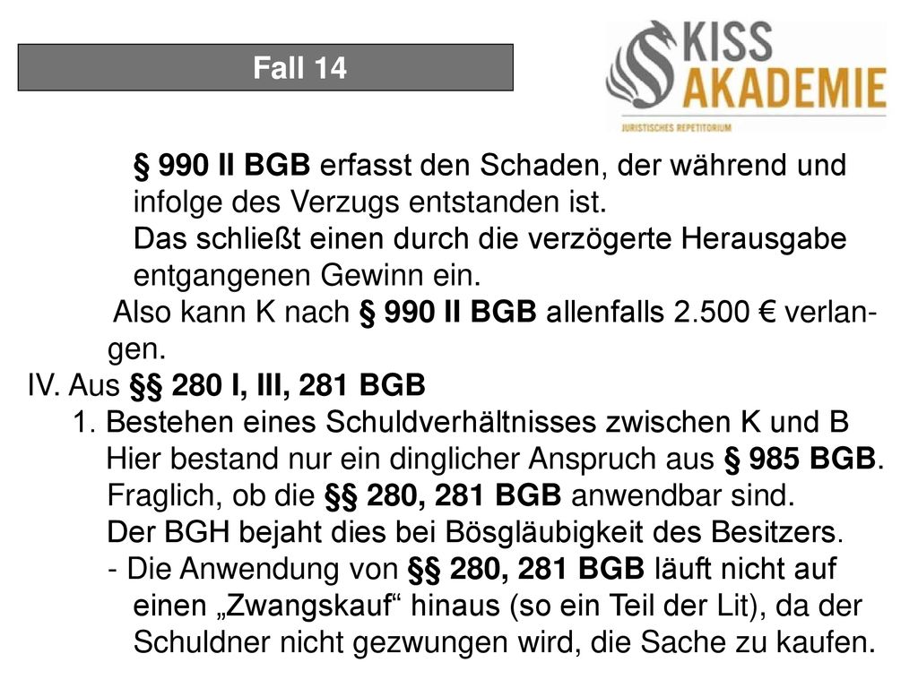 Fall 14 § 990 II BGB erfasst den Schaden, der während und infolge des Verzugs entstanden ist.