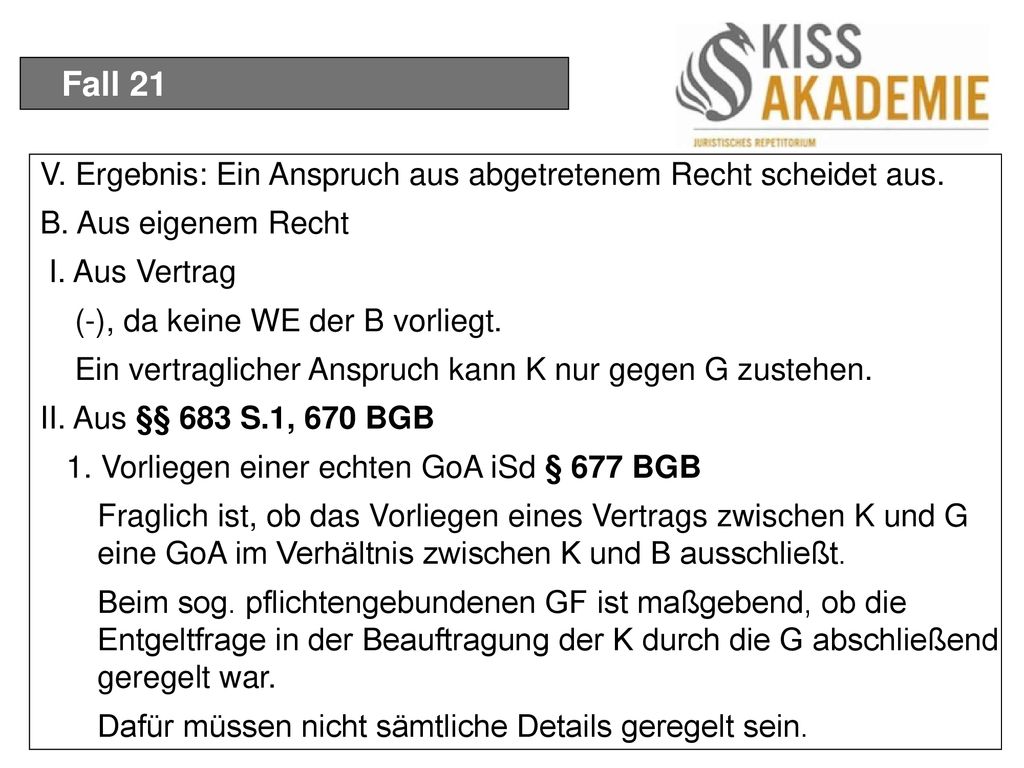 Fall 21 V. Ergebnis: Ein Anspruch aus abgetretenem Recht scheidet aus.