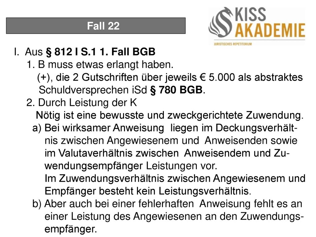 Fall 22 I. Aus § 812 I S.1 1. Fall BGB. 1. B muss etwas erlangt haben.