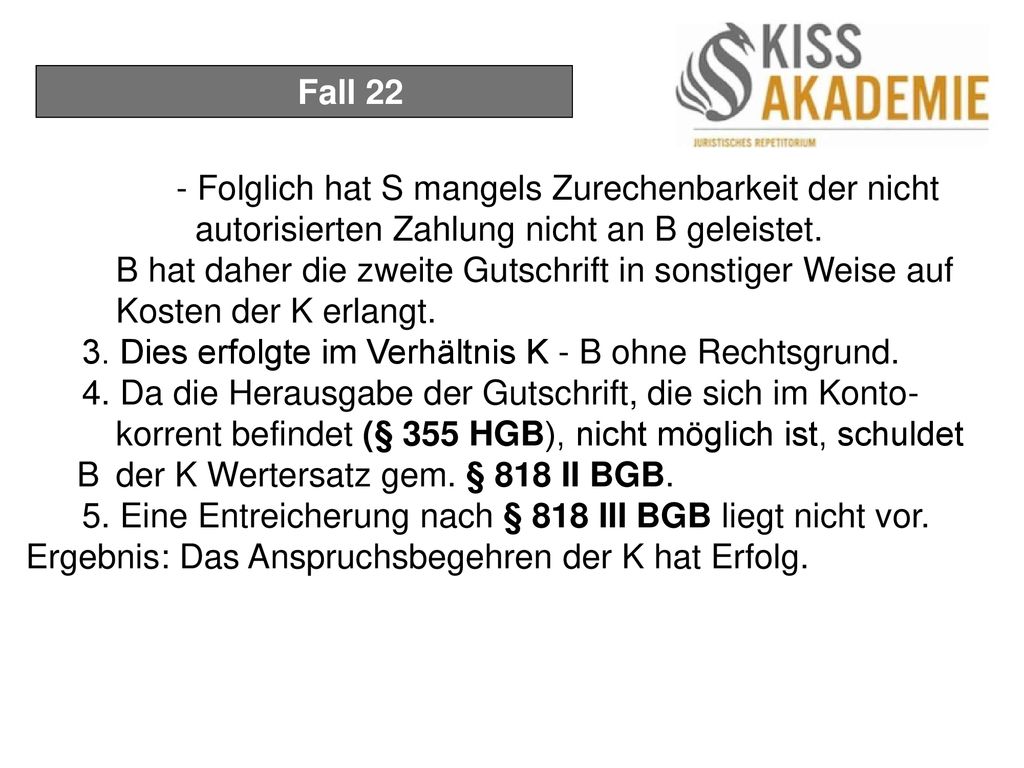 Fall 22 - Folglich hat S mangels Zurechenbarkeit der nicht autorisierten Zahlung nicht an B geleistet.