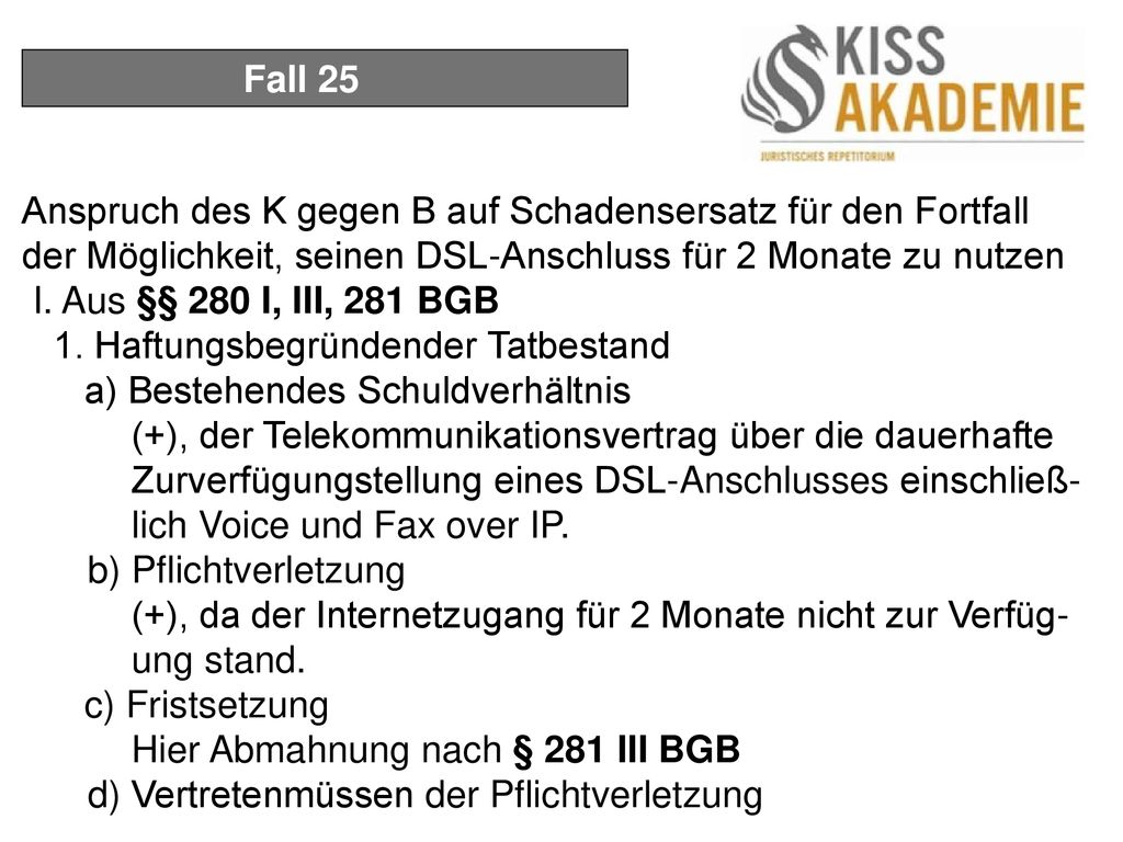 Fall 25 Anspruch des K gegen B auf Schadensersatz für den Fortfall der Möglichkeit, seinen DSL-Anschluss für 2 Monate zu nutzen.