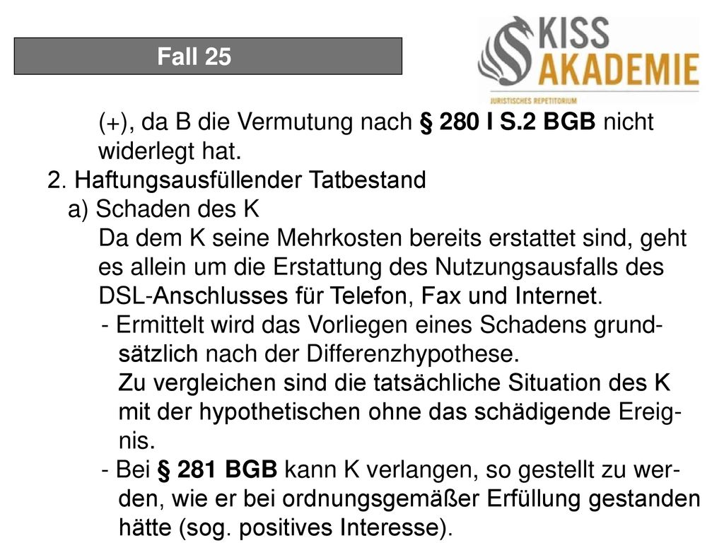 Fall 25 (+), da B die Vermutung nach § 280 I S.2 BGB nicht widerlegt hat. 2. Haftungsausfüllender Tatbestand.