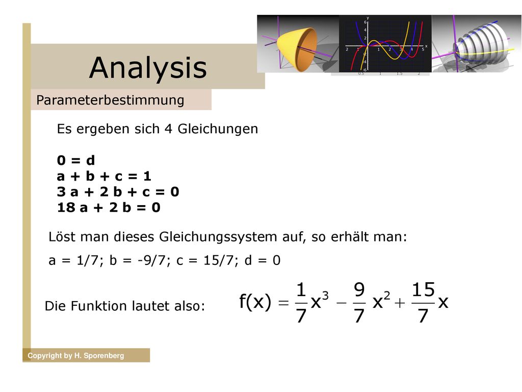 Analysis Parameterbestimmung Es ergeben sich 4 Gleichungen 0 = d