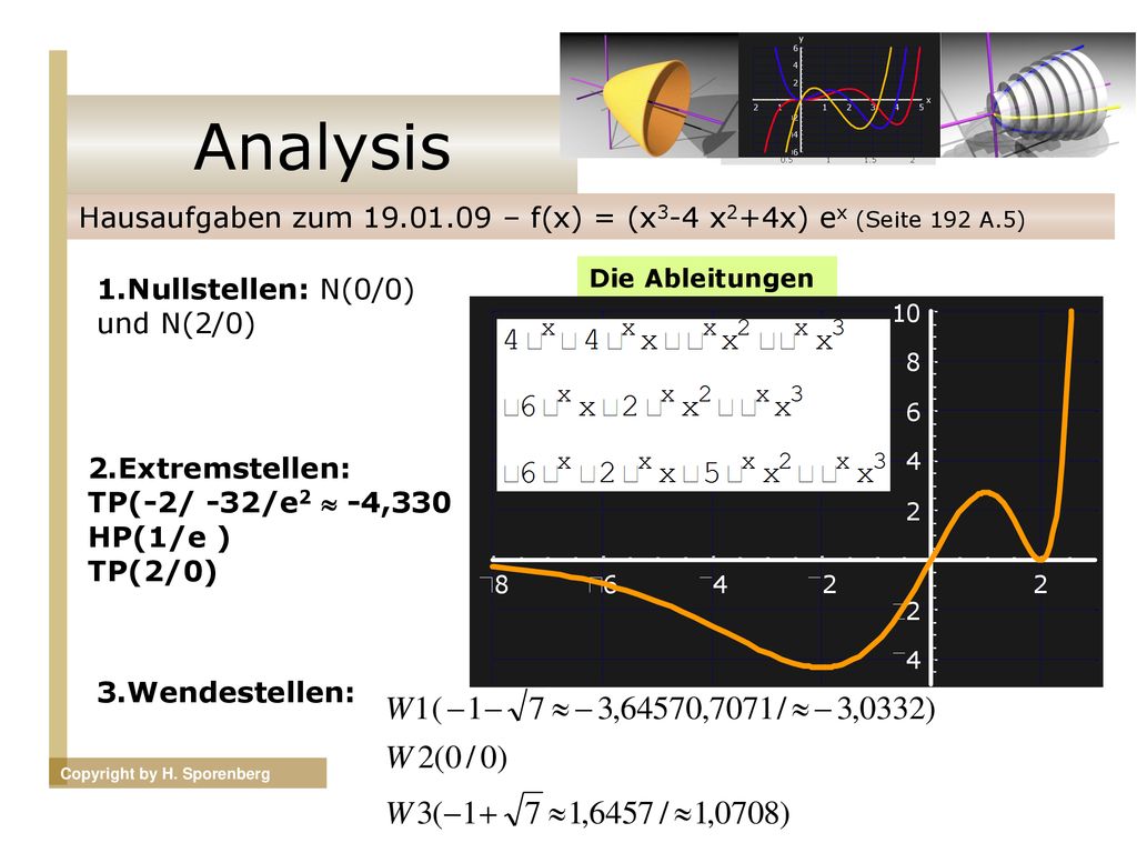 Analysis Hausaufgaben zum – f(x) = (x3-4 x2+4x) ex (Seite 192 A.5) Die Ableitungen. 1.Nullstellen: N(0/0) und N(2/0)