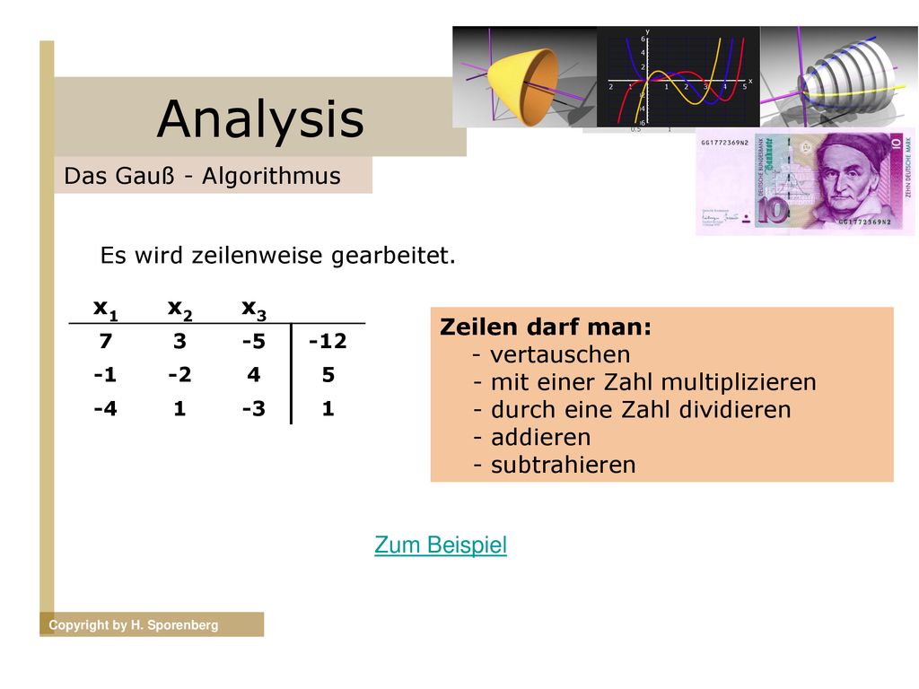 Analysis Das Gauß - Algorithmus Es wird zeilenweise gearbeitet. x1 x2