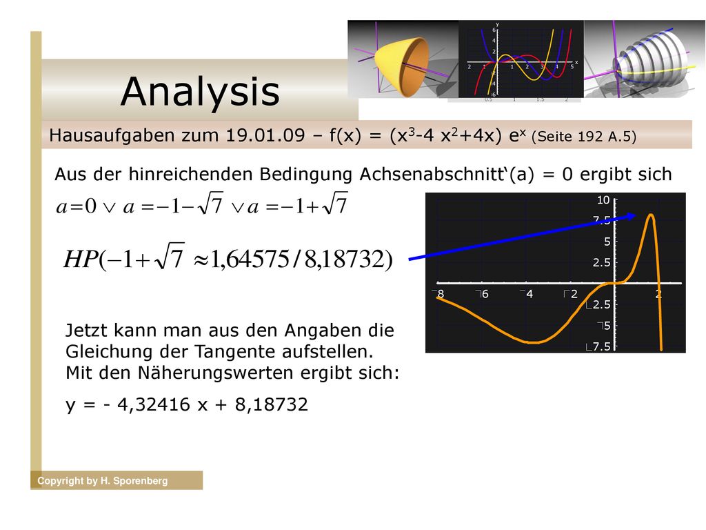 Analysis Hausaufgaben zum – f(x) = (x3-4 x2+4x) ex (Seite 192 A.5) Aus der hinreichenden Bedingung Achsenabschnitt‘(a) = 0 ergibt sich.